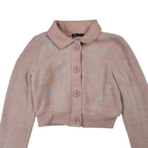 Zara Women Pink Embroidered Cropped Cardigan Button Up Knit Sweater Trendy - Picture 4 of 10